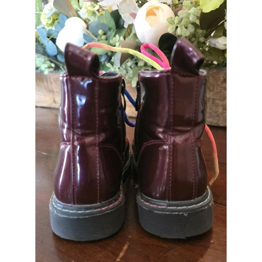 Hawkwell Girls Patent Burgundy Waterproof‎ Boots SZ 11 Rainbow Color Shoe Laces